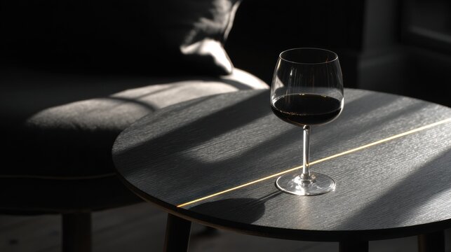 Charcoal Black Table With Wine Glass Illuminated by a Gold Line in a Cozy Indoor Setting