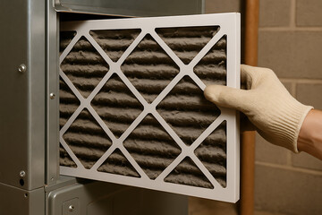 furnace filter air technician. A person is replacing a dirty air filter in a heating or cooling system, emphasizing maintenance for better air quality.