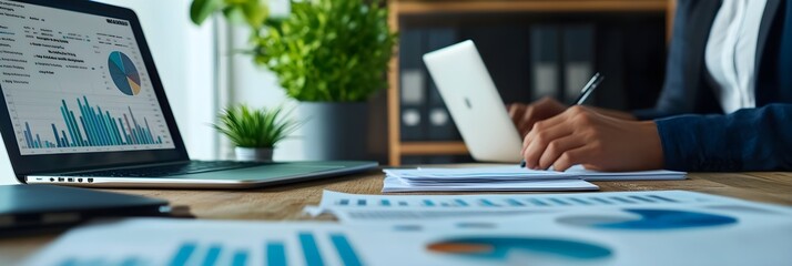Business person analyzing financial data on laptop and documents in a modern office