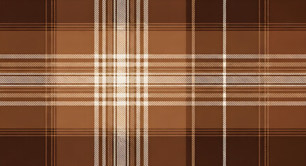 A detailed close-up of a warm brown and white checkered tartan fabric pattern for a seamless background