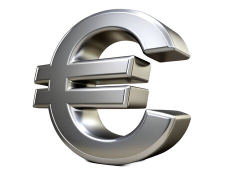 Shiny metallic 3d euro currency symbol isolated on white background for financial concepts