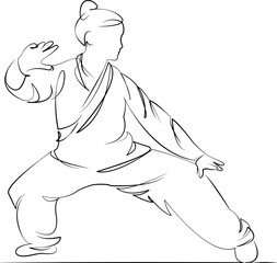 One continuous line drawing on white isolated background. Minimalism linear illustration. balance, energy, fitness, qigong, meditation, practice, wellness, health, exercise, woman