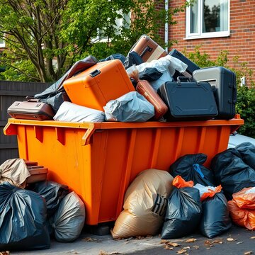 Full orange skip bin overflowing with discarded furniture, suitcases, and garbage bags after house cleanup,  rubbish,  waste