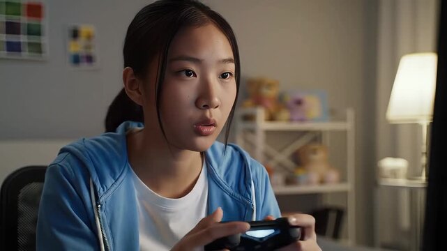 Young asian woman concentrating and focused while playing a video game controller