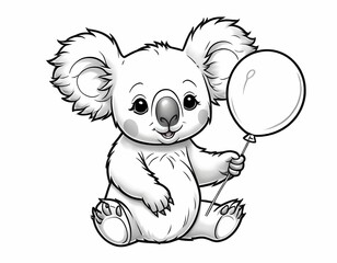 Cute koala holding a balloon coloring book page in black and white