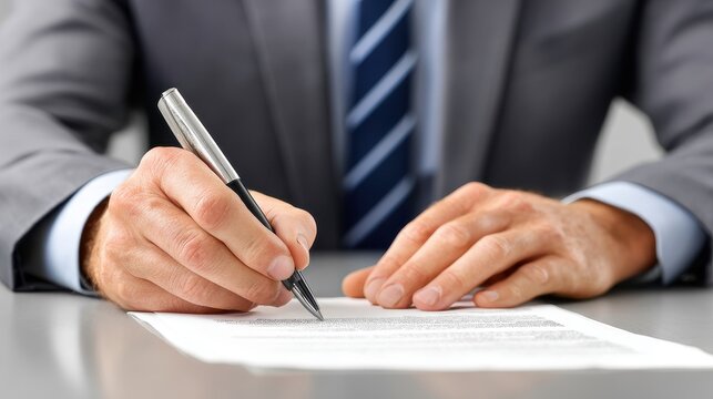 A business professional signs a document, emphasizing commitment and professionalism in a formal setting.