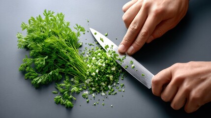 A person finely chops fresh green herbs with a knife on a dark countertop, showcasing culinary skills and food preparation.