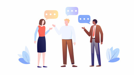Fototapeta premium Three diverse professionals engaged in a lively conversation with colorful speech bubbles illustrating their dialogue and abstract plant elements adding a touch of modern design