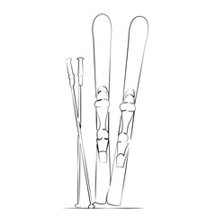 Naklejka premium One continuous line drawing on white isolated background. Minimalism linear illustration. sport, skiing, mountain, snow, winter, ski, vacation, recreation, lifestyle, travel