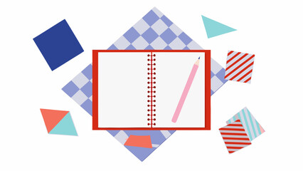 A vibrant and playful composition featuring an open notebook with a pink pencil surrounded by colorful geometric shapes and patterns on a white background