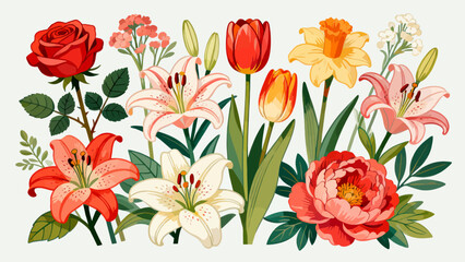 A collection of various flowers, with cartoon hand-drawn vector illustrations