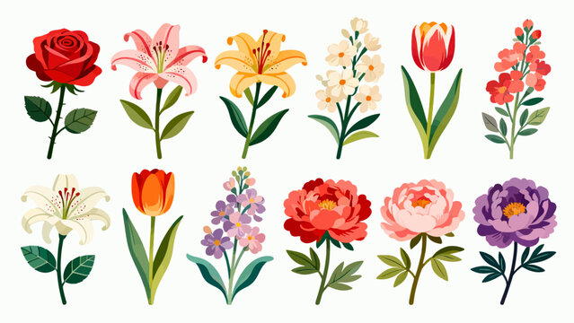 A collection of various flowers, with cartoon hand-drawn vector illustrations