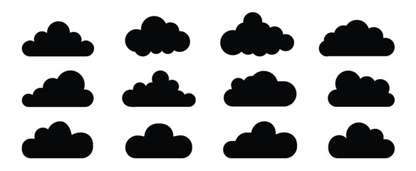 Black Cloud Silhouette Set. Flat Vector Weather Icons on White Background