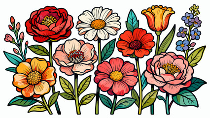 A collection of various flowers, with cartoon hand-drawn vector illustrations