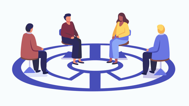 Diverse group of four people sitting in a circle on chairs engaged in a group discussion or therapy session symbolizing teamwork and support