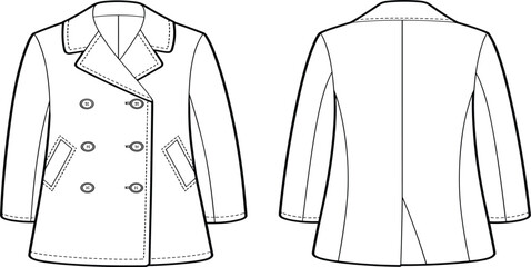 Vector Technical Drawing of Double-Breasted Peacoat, Front and Back View, Classic Outerwear, and Apparel Flat Sketch