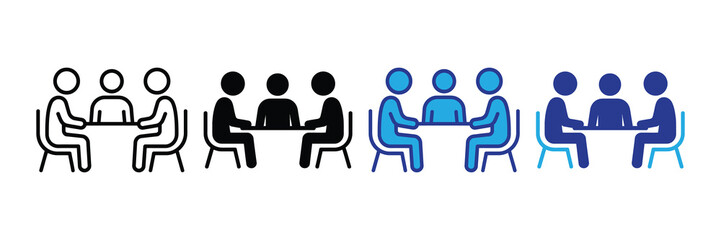 Icon set representing people sitting at a table in discussion, meeting, collaboration, and teamwork, diverse color styles