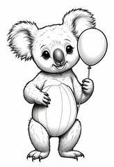 Cute koala holding a balloon coloring book page in black and white