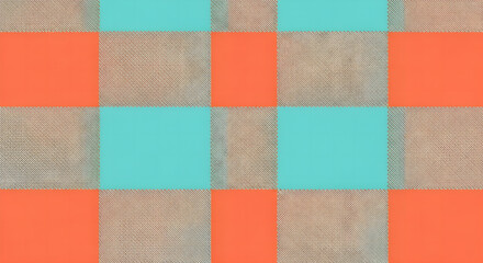 Geometric background featuring a colorful grid of orange and turquoise checks with a subtle paper texture