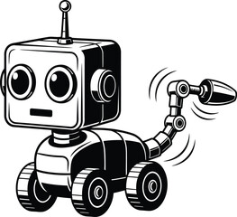 Cute cartoon robot dog character with a square head and wheels, wagging its mechanical tail, in a simple black and white vector illustration.