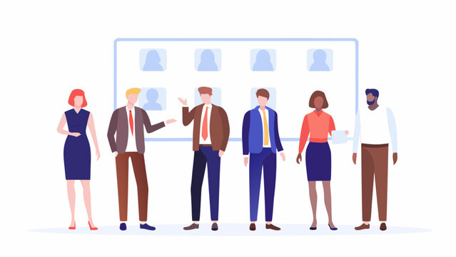 Diverse team of professionals standing in front of a digital display showing employee profiles representing teamwork and corporate culture