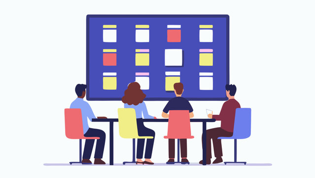 Diverse team collaborating around a table looking at a large screen displaying a grid of colorful cards representing ideas projects or data visualization in a modern office setting - Powered by Adobe