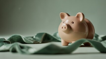 Stoneware piggy bank in pastel Christmas studio, hunter green ribbon. Quiet Luxury with Mocha Mousse stoneware in a pastel studio.