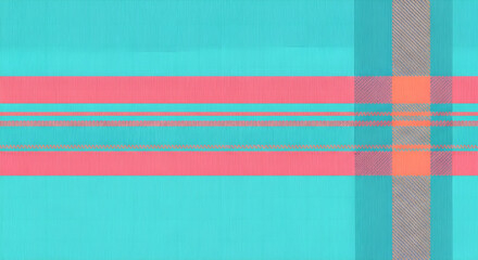Minimalist textile-inspired pattern featuring intersecting coral and grey stripes against a vibrant turquoise backdrop