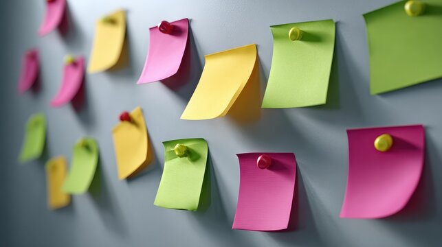 Colorful sticky notes arranged on a wall, showcasing a variety of hues, ideal for reminders or brainstorming sessions.