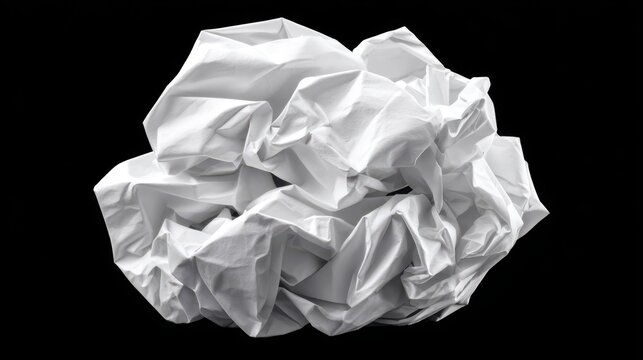 A crumpled ball of white paper against a black background, highlighting texture and form.