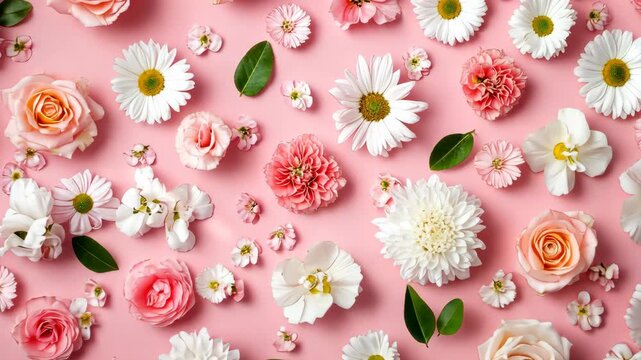 Blooming floral symphony: dynamic arrangement of roses, daisies, and chrysanthemums on pink background