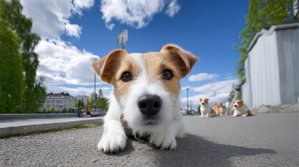 A playful dog rests on the pavement, with a vibrant blue sky and fluffy clouds in the background, showcasing a lively outdoor scene.