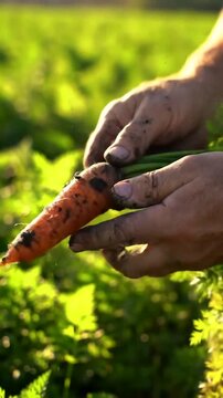 Hands gently pull a fresh carrot from the soil, showcasing the beauty of harvest and manual labor in agriculture.