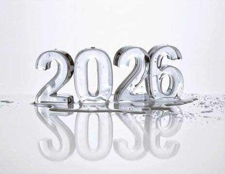 Ephemeral Year: The year 2026, sculpted from ice, begins to melt, symbolizing the passage of time and the transient nature of moments.