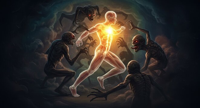 Energetic figure surrounded by shadowy creatures conceptual digital illustration - Powered by Adobe