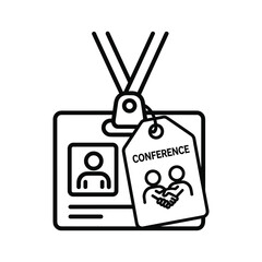 Outline icon of a conference badge and event pass with lanyard, ideal for business meetings, seminars, and expos.