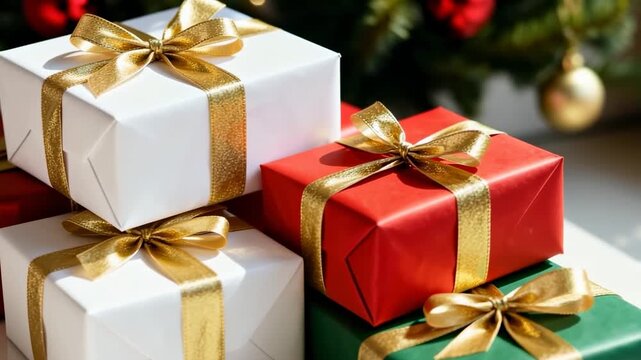 A stack of festive Christmas presents with gold ribbons. Red, white, and green gift boxes for the holiday season