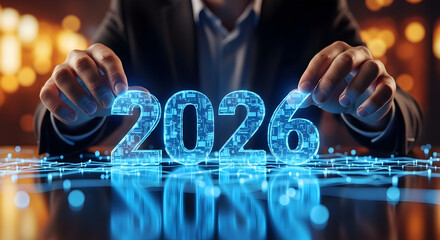 Masa Depan Digital Pria Memegang Angka 2026 Berwarna Biru Dengan Teknologi