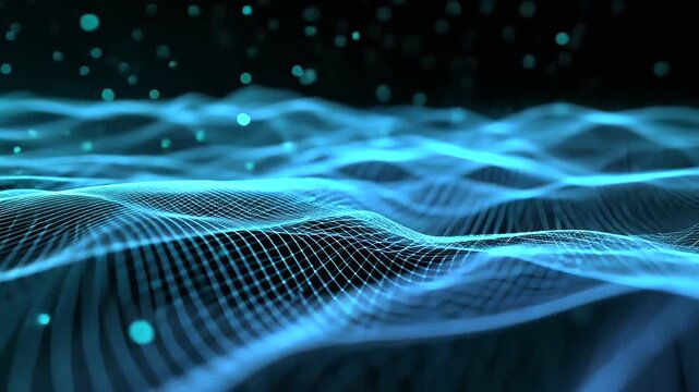 Abstract digital mesh waves with glowing particles on dark background - Powered by Adobe