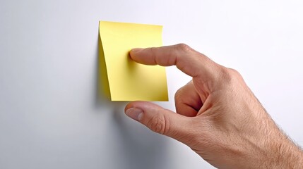 A hand is placing a yellow sticky note on a white wall, illustrating organization or reminders in a minimalist setting.