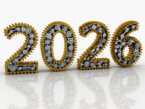 Anticipating 2026: Mechanical gears interlock to shape the numbers