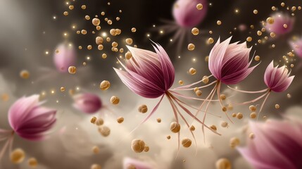 A beautiful digital illustration of pink flowers floating with delicate golden particles, capturing a whimsical and serene atmosphere.