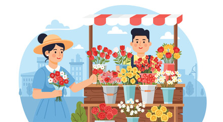 Charming woman selects vibrant flowers from a friendly vendor at a colorful outdoor market stall