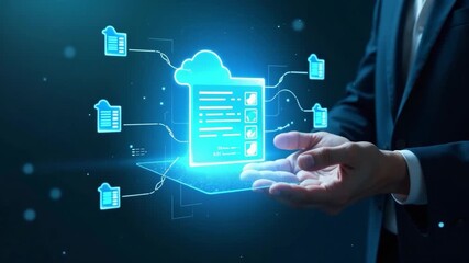 A professional man holds a tablet showing various icons, possibly representing his digital workspace or a presentation