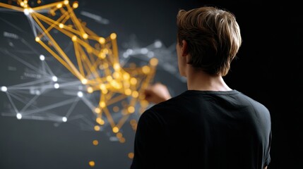 A person interacts with a digital interface displaying a network of connected lines and nodes, illustrating data visualization and technology engagement.