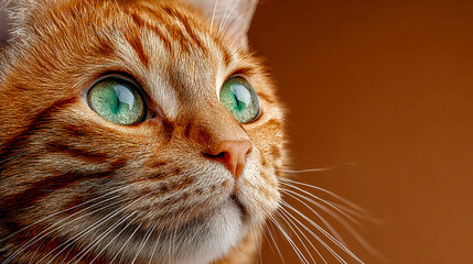 Close-up of a ginger cat with green eyes on a beige background.