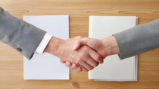 Two business people shake hands over a wooden table with blank papers, symbolizing agreement or partnership.