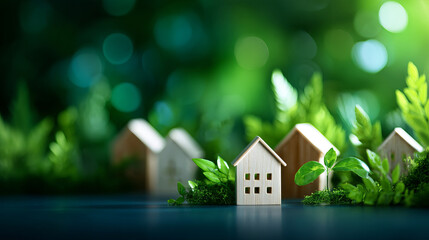 Eco friendly miniature houses surrounded by lush greenery symbolize sustainable living