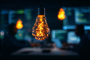 Bright light bulb illuminating tech workspace with silhouettes of team members collaborating