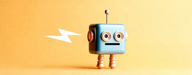 Cute robot with expressive eyes and lightning bolt